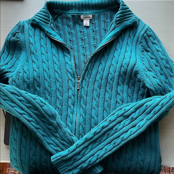 L.L. Bean Sweaters - LL Bean Cotton Cable knit Zip Up Cardigan Sz Large Teal Sweater
